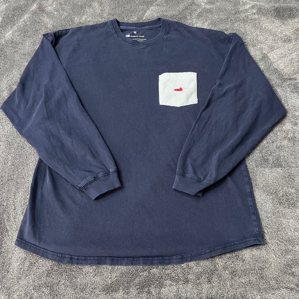 Southern Marsh Navy Long Sleeve Seersucker Pocket T-Shirt Preppy Medium
